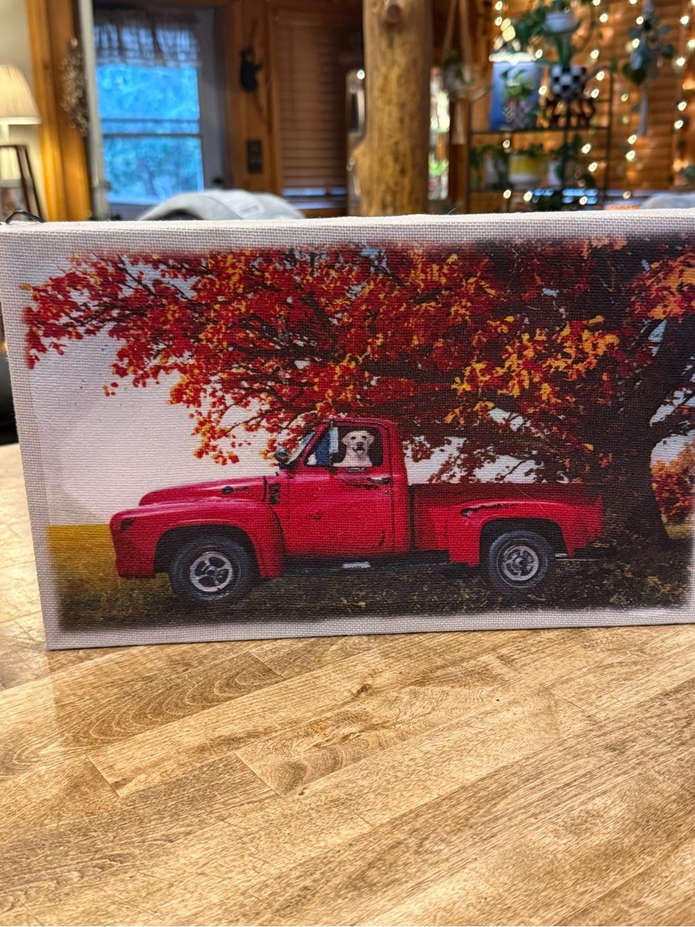 Red Vintage Truck Canvas Fall Wall Art with Dog 14”x9”